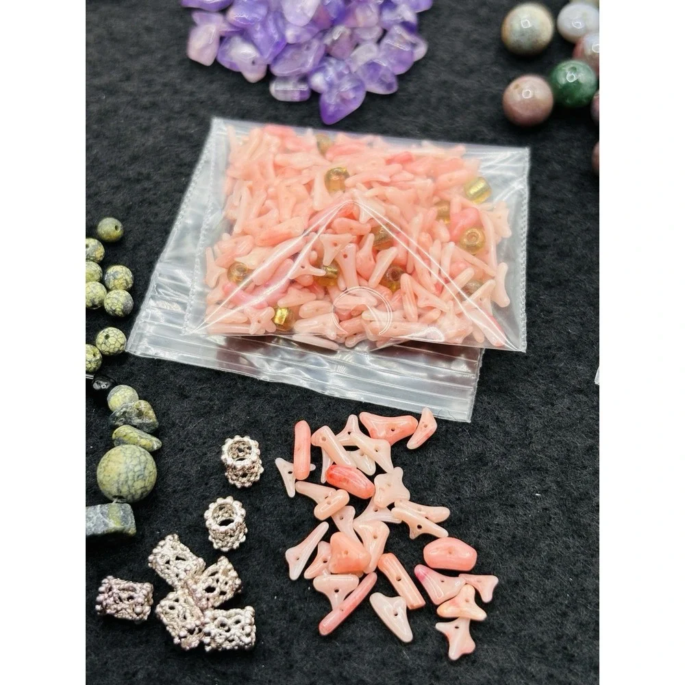 Lot of Jewelry Making Bead mix Amethyst Gemstone Chips Jade shell olive wood Hex